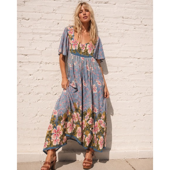 Vintage Dresses & Skirts - Vintage Hawaiian Floral Muumuu Maxi Dress Blue Pink Hibiscus House Dress XL